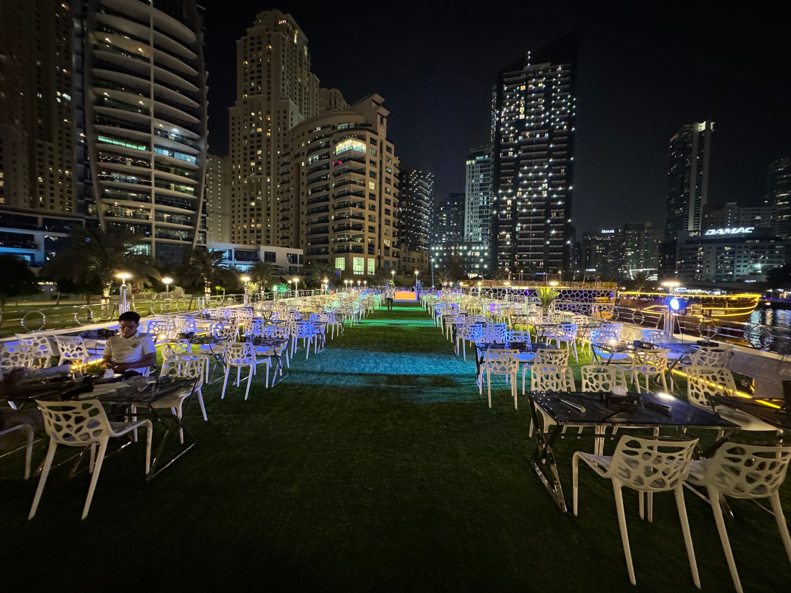 Open-air deck seating with city views